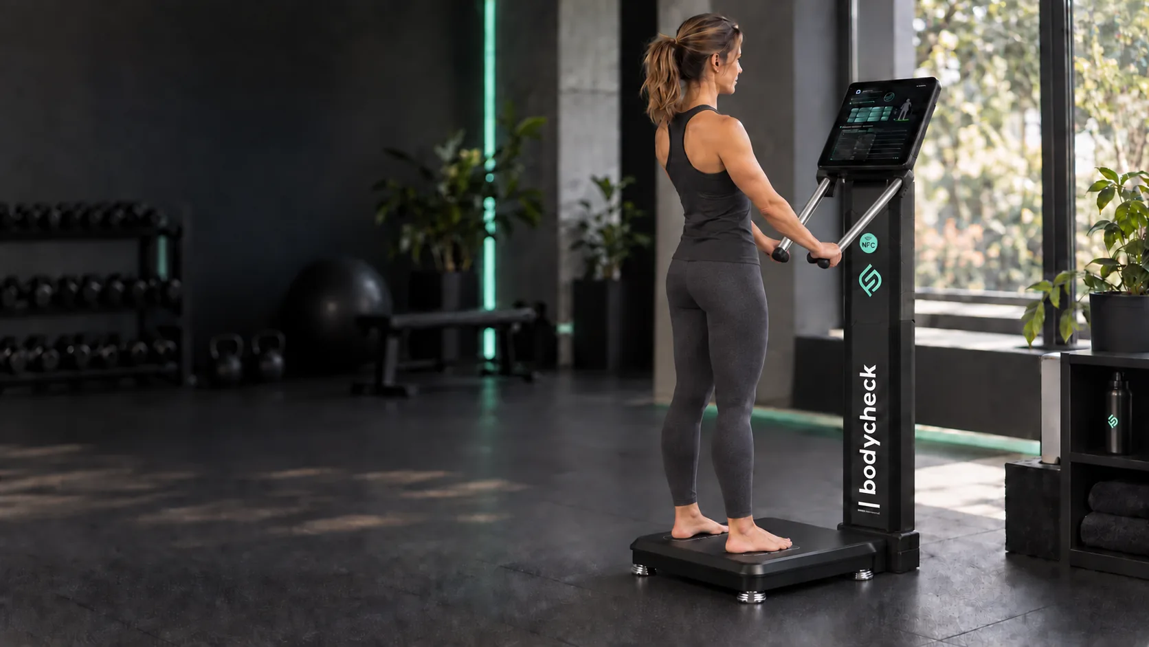 Illustration: Ein Mitglied nutzt BODYCHECK selbstständig im Fitnessstudio
