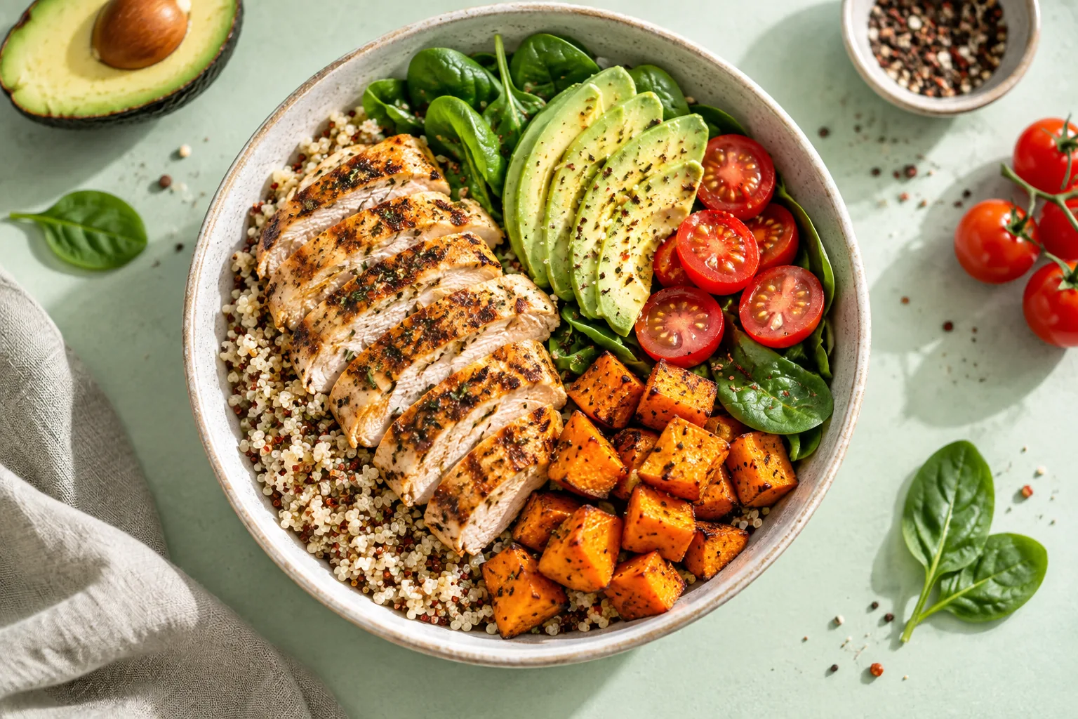 Frische Bowl mit Hähnchen, Quinoa, Avocado und Gemüse