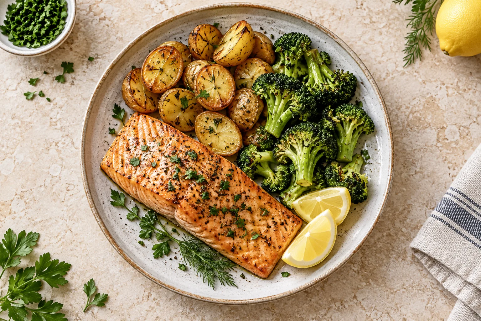 Lachs mit Kartoffeln und Brokkoli als Beispiel einer fotografierten Mahlzeit