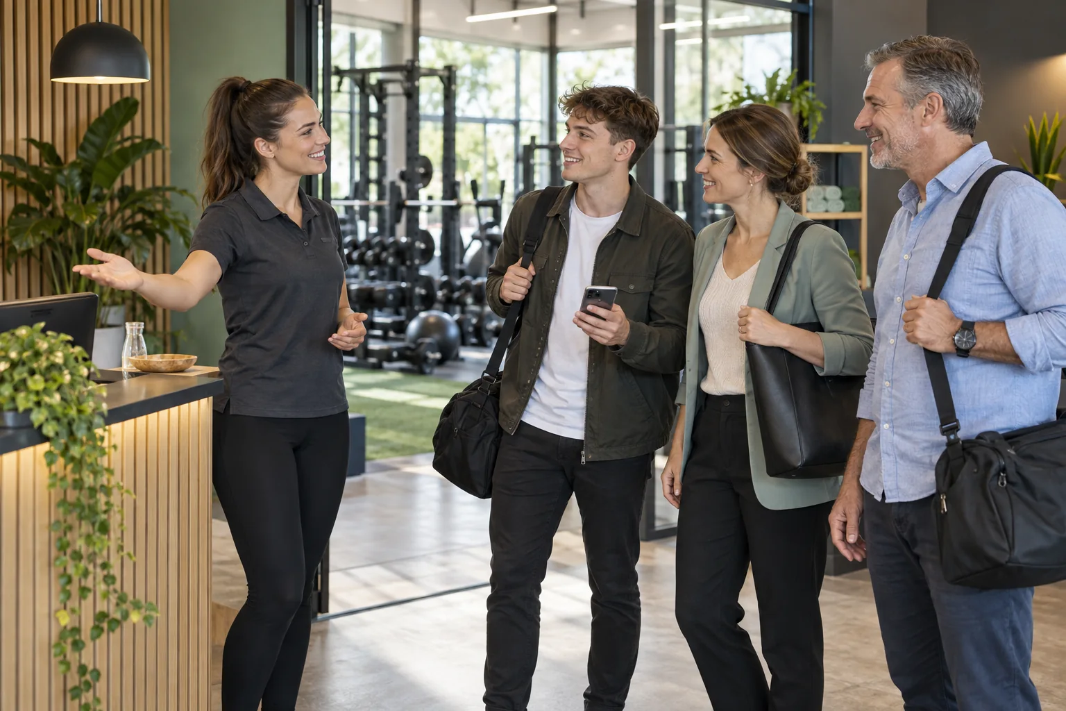 Ein Studioteam begrüßt drei Berufstätige zur Firmenfitness im Fitnessstudio