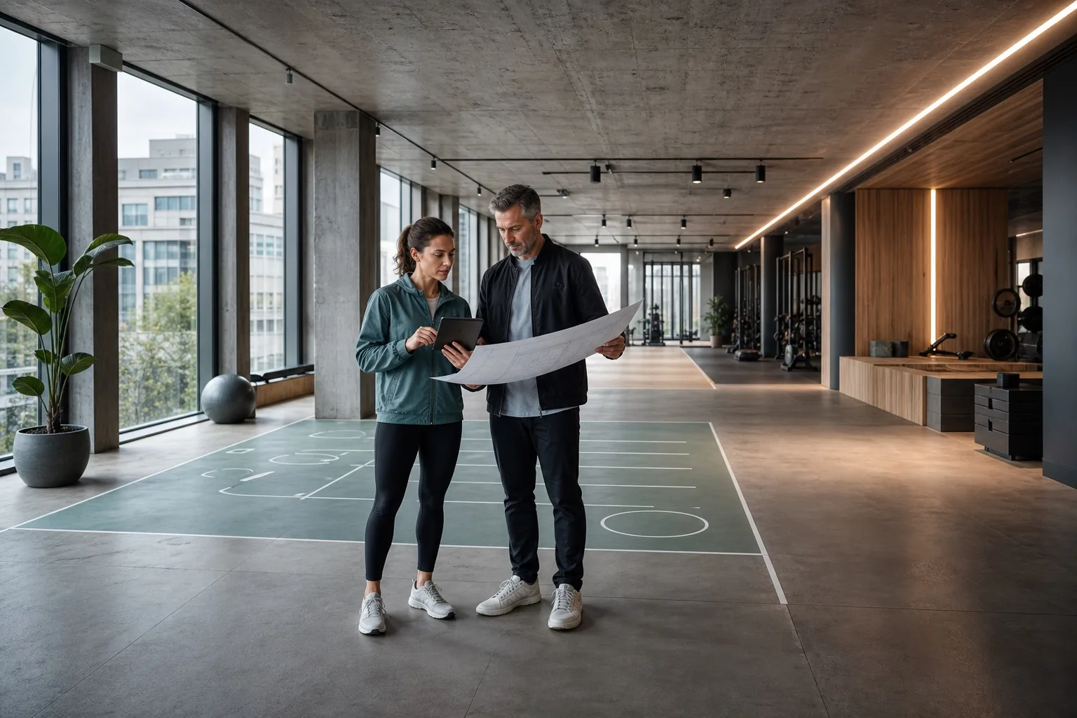 Operatori e consulenti di location valutano una moderna area fitness sulla base della planimetria e del tablet