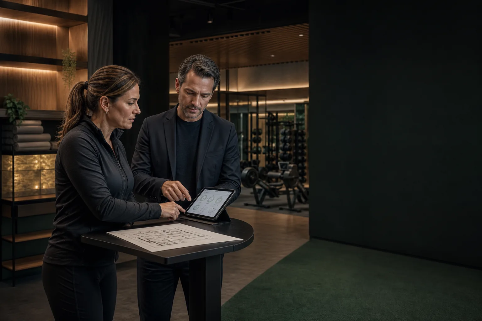 Una responsabile e un consulente di soluzioni pianificano il futuro digitale di un centro fitness