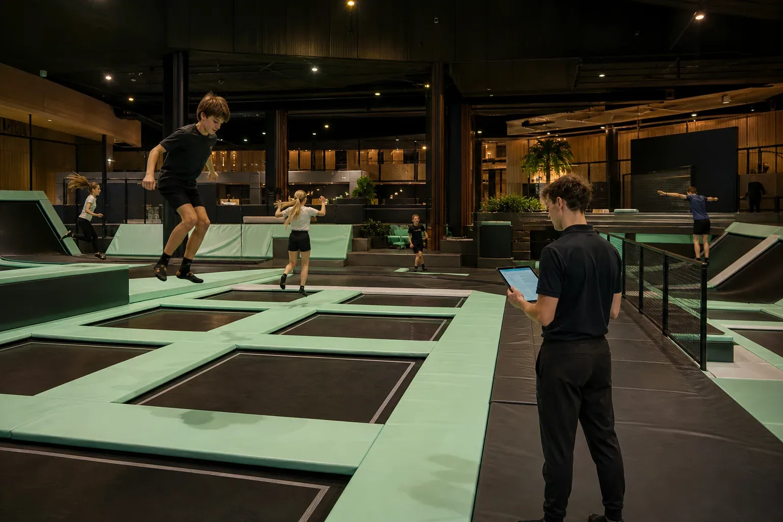 Mitarbeiter steuert den laufenden Betrieb einer modernen Jumping Hall mit einem Tablet