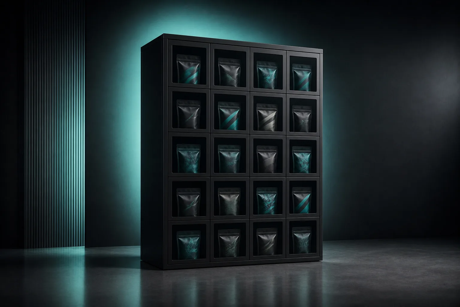 fitness nation | Nutrition Box Add-on come modulo nero opaco con 20 ampi scomparti in una griglia 4 per 5 e illuminazione ciano