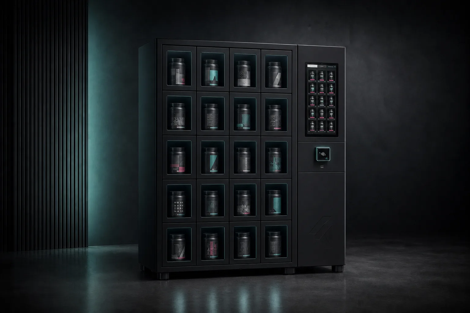 fitness nation | Nutrition Box come sistema autonomo nero opaco con 20 ampi scomparti, controllo touch e terminale di pagamento