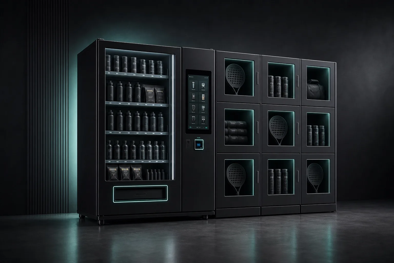 fitness nation | Padel Box come combinazione indipendente di distributore automatico, controllo touch e armadietto per l'attrezzatura