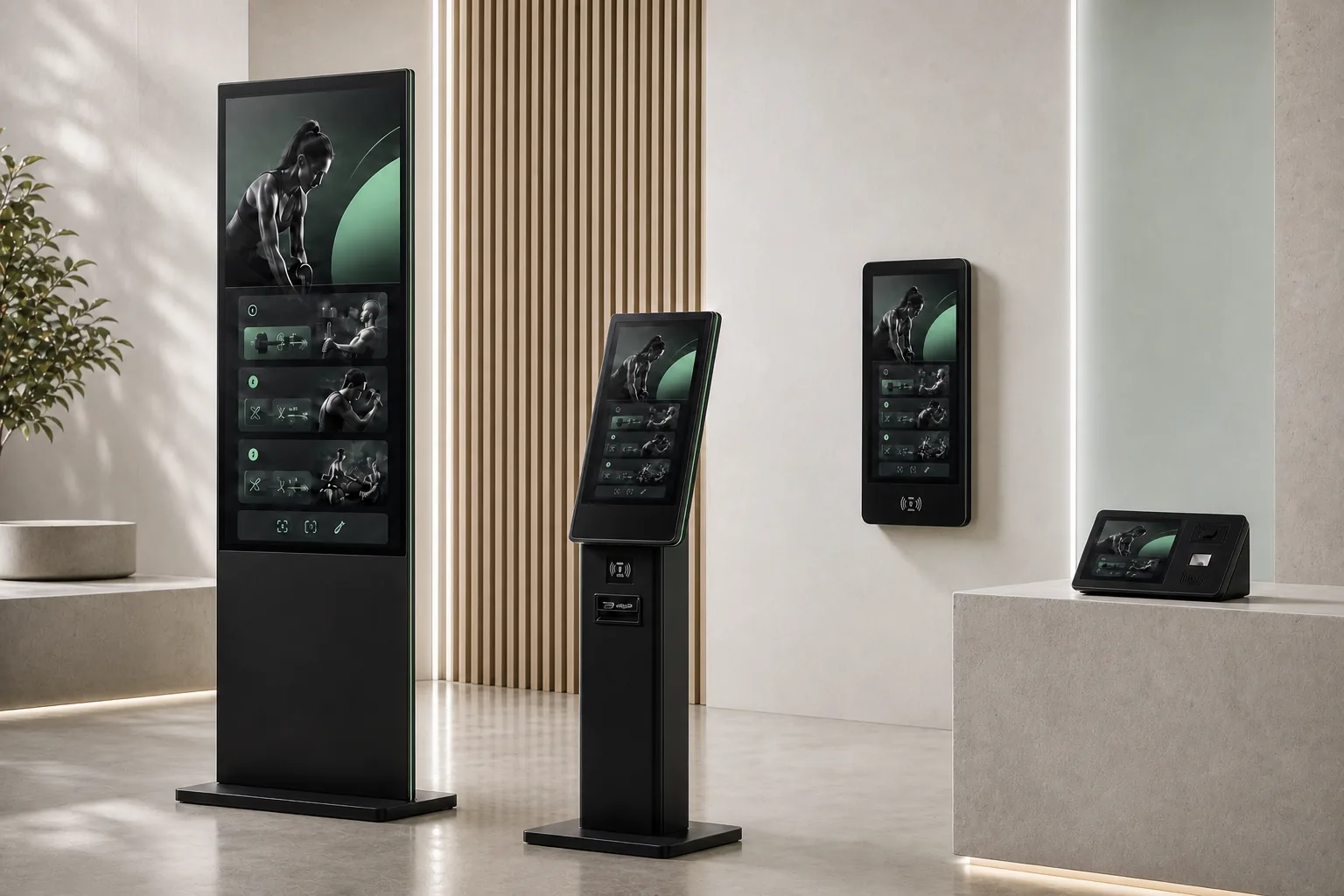 Quattro dispositivi fitness nation nelle proporzioni corrette: terminale touch da 55 pollici, terminale self-service da pavimento da 24 pollici, terminale touch da parete da 24 pollici e terminale self-service da banco da 10,1 pollici