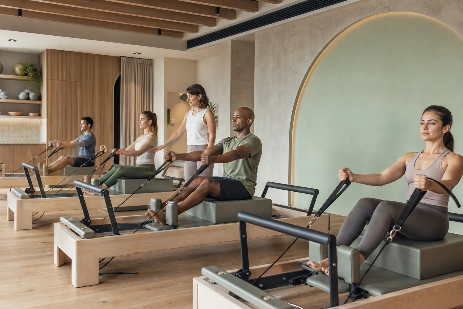 Studio boutique di alta qualità con lezione di Pilates riformatore