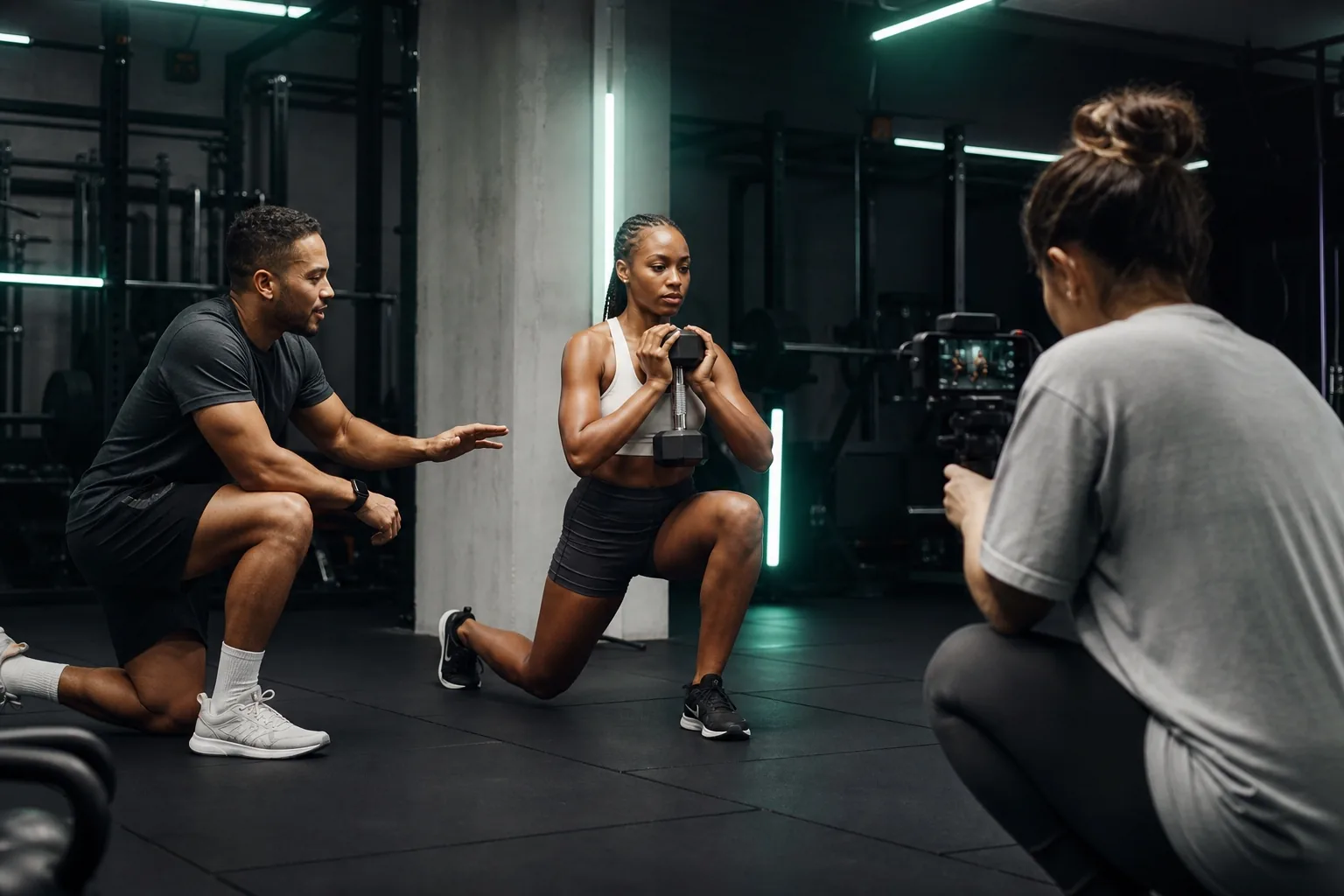 Atleta con allenatore e creatore di contenuti in una palestra moderna