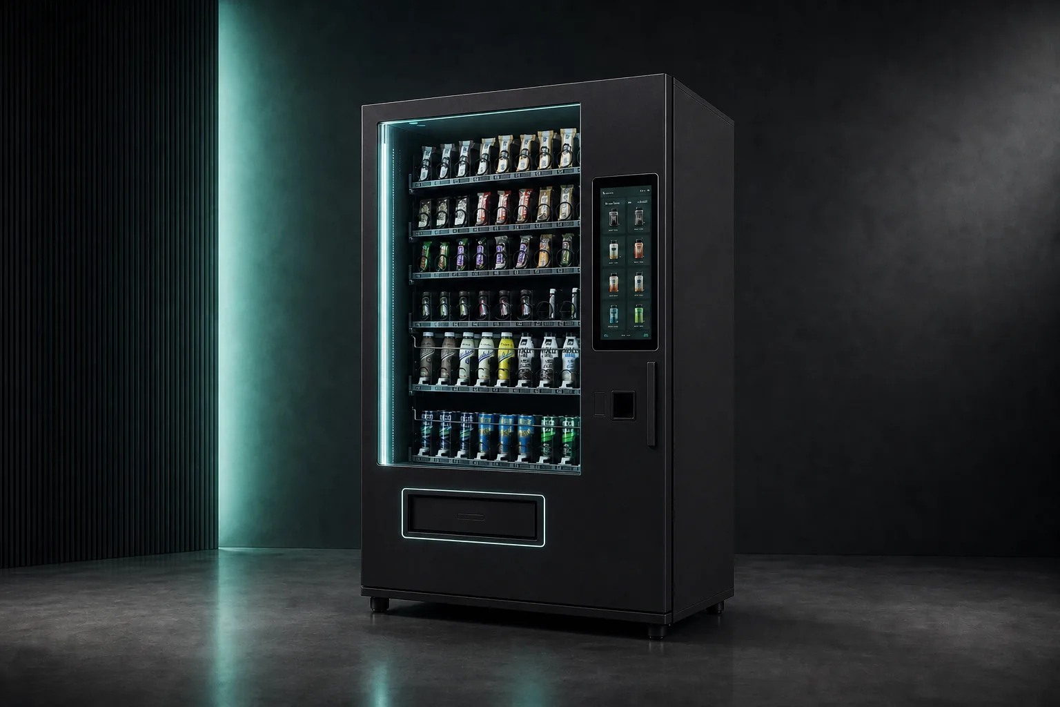 fitness nation | 10.1" Smart Vending in nero opaco con ampia vetrina, touchscreen laterale e illuminazione ciano