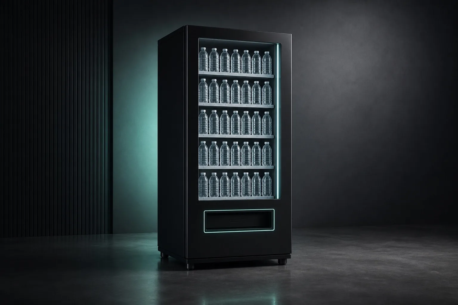 fitness nation | Water Box come distributore di bevande nero opaco con bottiglie d'acqua e illuminazione azzurra