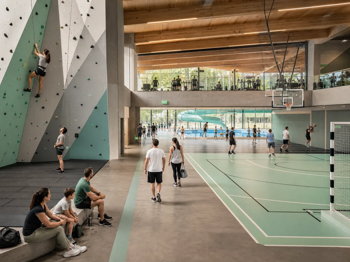 Moderne Freizeitanlage mit Klettern, Sporthalle und Schwimmbereich