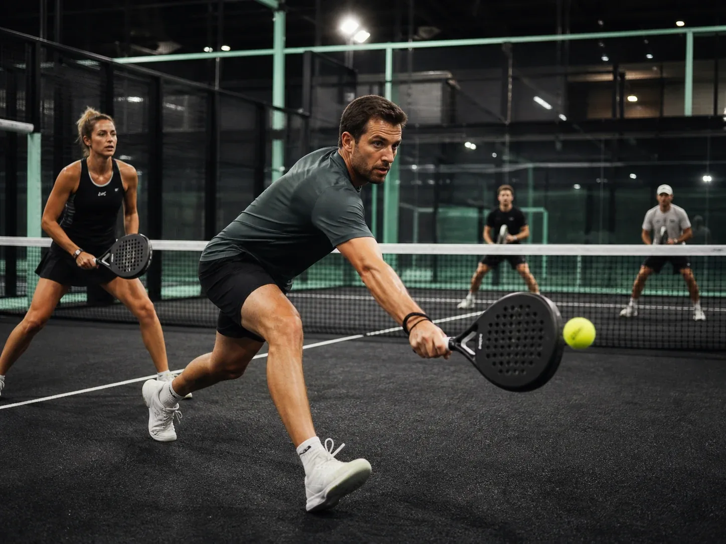 Dynamisches Padel-Doppel auf einem verglasten Court