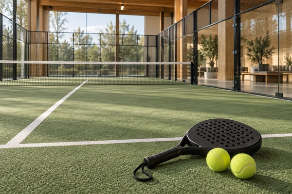 Campo da padel con racchetta e palline