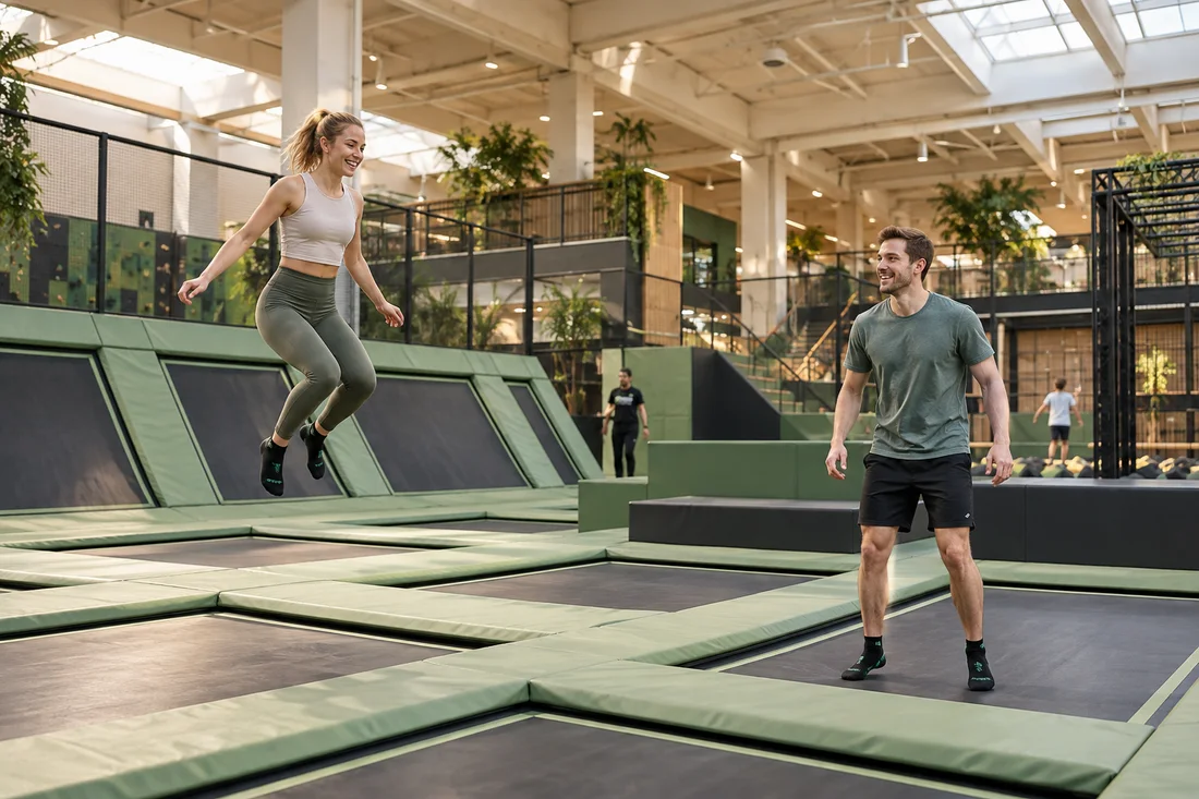 Due adulti in visita insieme in un moderno parco trampolini
