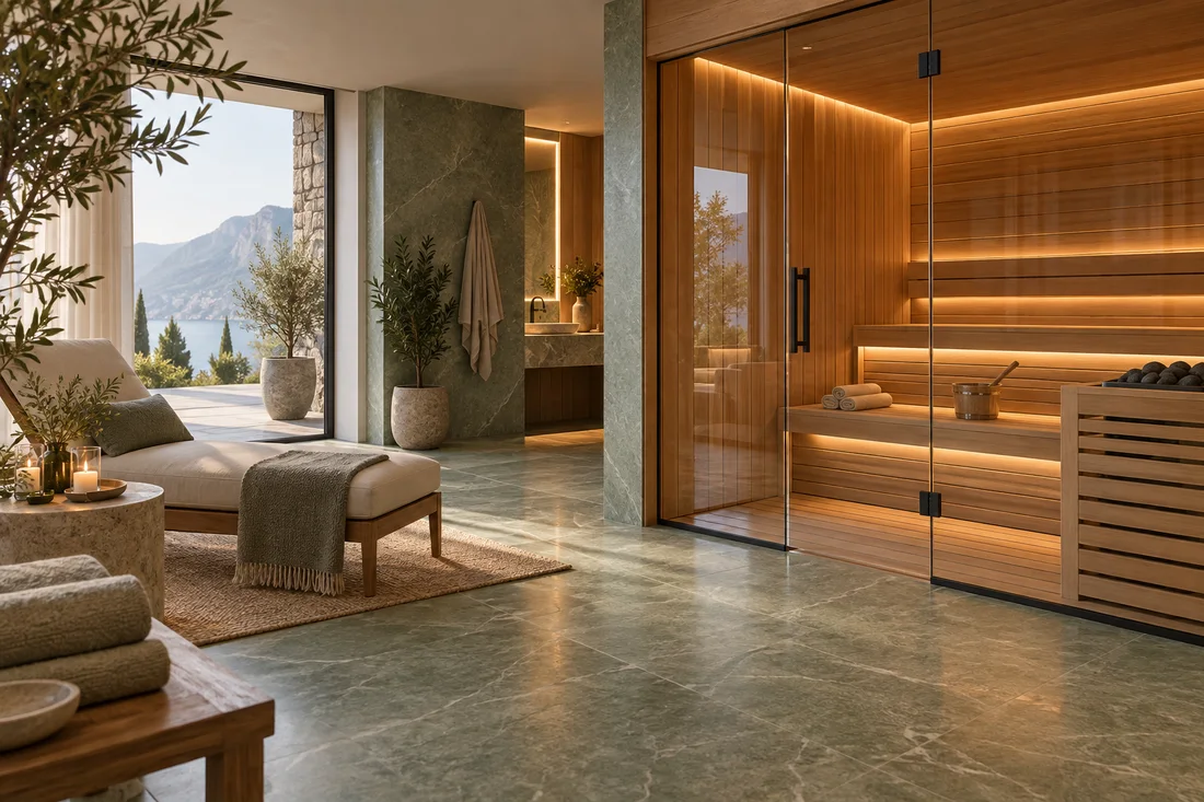 Suite wellness privata con sauna, interni in legno e area relax